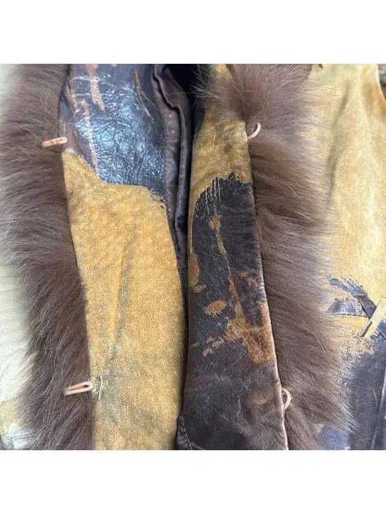 Vintage Y2K Brown Genuine Leather & Fox Fur Jacket - Picture 8 of 8